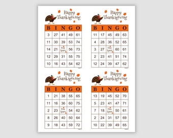 May include: Four Thanksgiving-themed bingo cards. Each card features a grid of numbers and the word "BINGO" at the top. The cards include a turkey graphic and the text "Happy Thanksgiving".