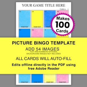 Picture Bingo Template, 100 Cards, 54 Calls, Add Images and Text, Cards Auto-Fill, 4 x 4 Mexican Style Lottery Game Mexican Bingo Cards