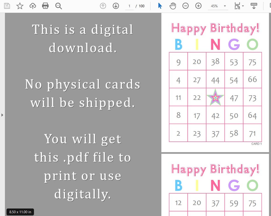 100 Birthday Bingo Cards Pdf Download, 1 per Page, 75 Call, Instant ...