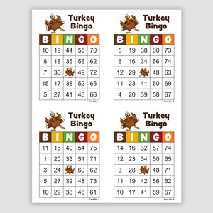 1000 Turkey Bingo Cards Pdf Download, 4 Per Page, Instant Printable Fun Party Game, Thanksgiving