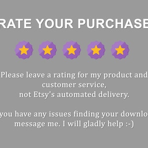 May include: Purple stars with yellow centres on a grey background. Text reads "RATE YOUR PURCHASE" and "Please leave a rating for my product and customer service, not Etsy's automated delivery. If you have any issues finding your download message me. I will gladly help :-)"