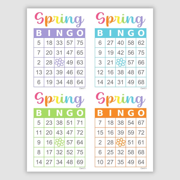 1000 Bingo Cards, Pdf Download, 1, 2, and 4 Per Page, Instant Printable Fun Spring Party Game, 4 Colors