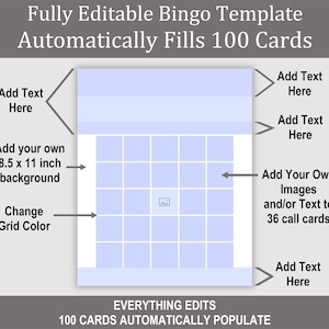 100 Card Editable Bingo Template, Picture/Text Bingo, Everything Edits, Auto-Fills, 36 Calls, Make Social, Learning, Music Bingo Games