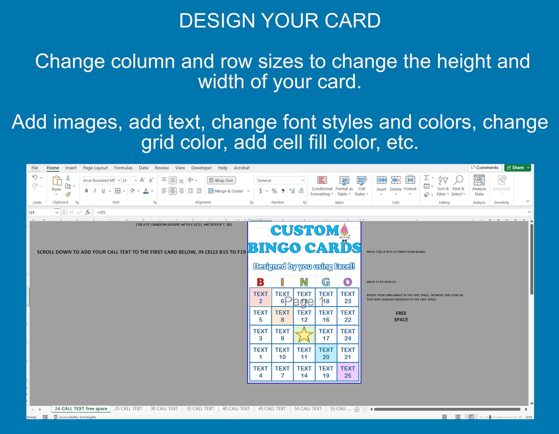 Custom Bingo Card Maker Excel Microsoft 365 Workbook Instant Etsy