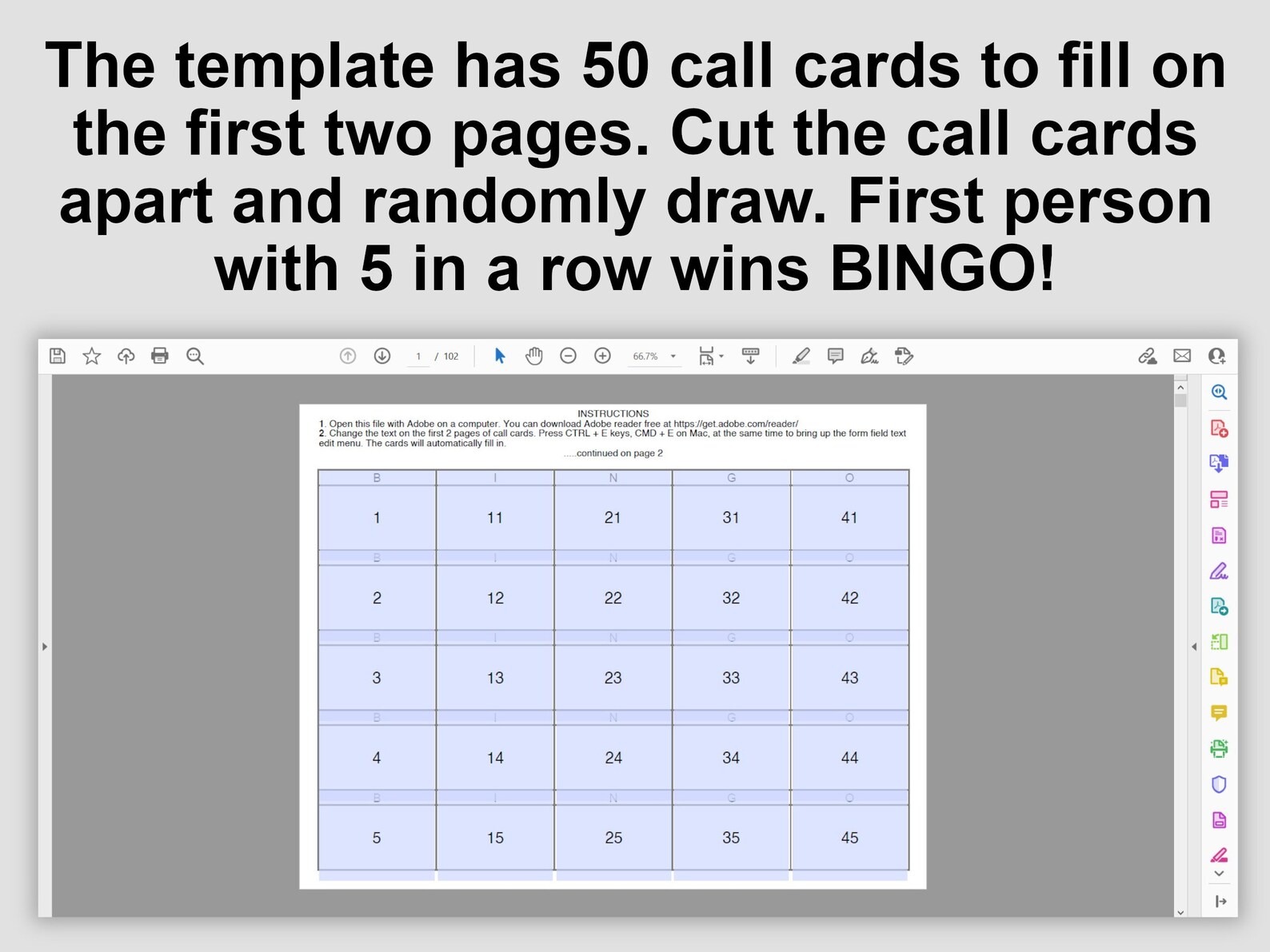 Editable Bingo Card Template Makes 100 Cards 50 Call Game Etsy
