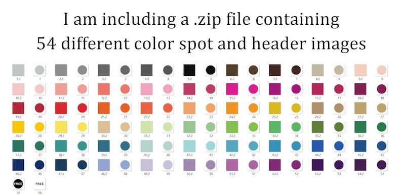 May include: A chart displaying 54 different colour swatches, arranged in rows and columns. Each swatch is a square or circle, and the colours range from light to dark, including shades of pink, red, orange, yellow, green, blue, purple, and brown.