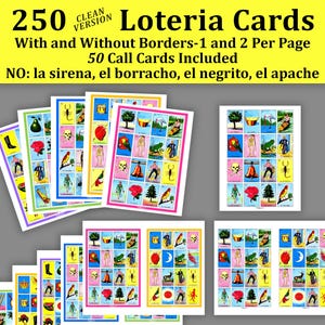Loteria Cards 250 Clean Version Cards PDF, Printable Mexican Bingo Cards Virtual Mexican Lottery Cards Loteria Hispanic Bingo Party Game