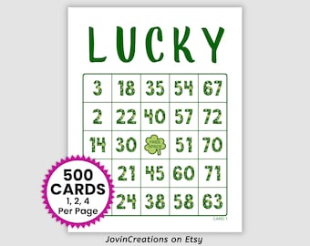 500 Bingo Cards Pdf Download, 1, 2, and 4 Per Page, Instant Printable Fun Party Game, LUCKY St. Patrick's Day Clovers