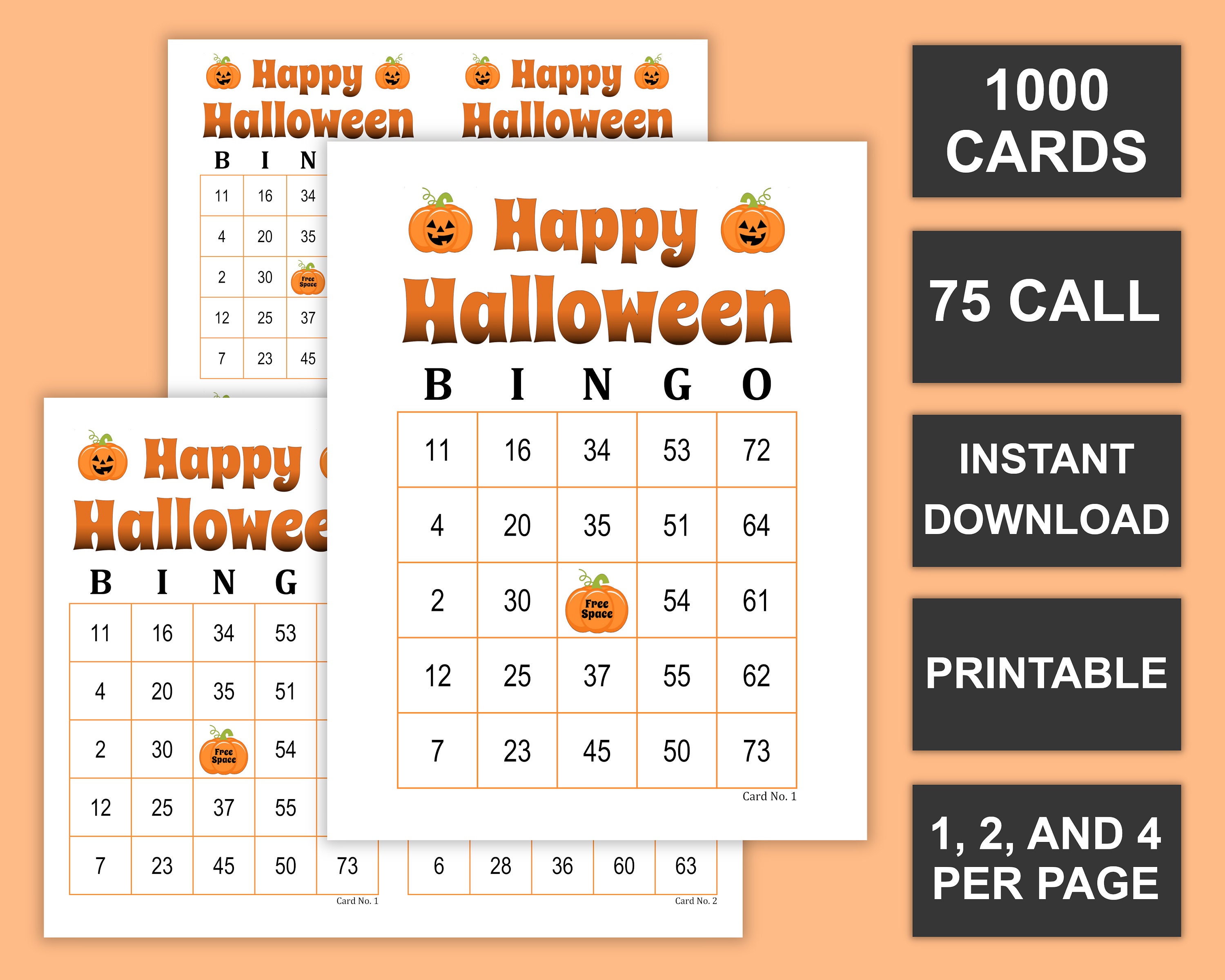Halloween Bingo Cards 1000 Cards 1 2 and 4 per Page - Etsy