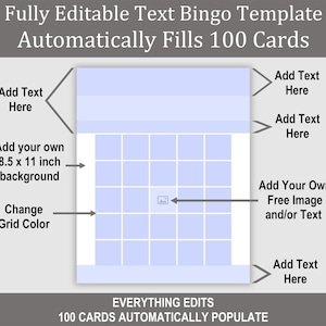 100 Card Editable Text Bingo Template, Everything Edits, Auto-Fills 100 Cards with 36 Calls, Make Human, Social, Learning, Music Bingo Games