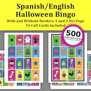 500 Halloween Bingo Cards, 54 Call Cards, Spanish and English Printable Bingo PDF, Community Classroom and Family Friendly Halloween Game