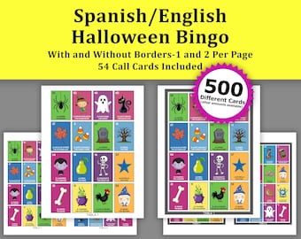 500 Halloween Bingo Cards, 54 Call Cards, Spanish and English Printable Bingo PDF, Community Classroom and Family Friendly Halloween Game