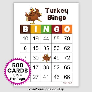 500 Turkey Bingo Cards, 1, 2, and 4 Per Page, Instant Printable Fun Fall Bingo or Thanksgiving Party Game Holiday Bingo Cards Pdf Download