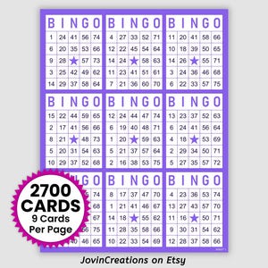 2700 Bingo Cards, Pdf Download, 9 Per Page, 300 Pages, Purple Star