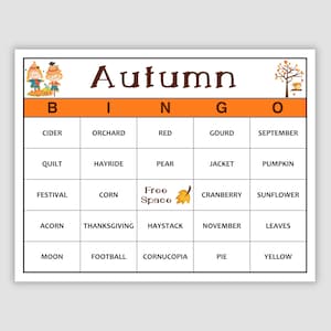 100 Autumn Bingo Cards Pdf Download, 1 and 2 Per Page, 50 Call, Instant Printable Fun Party Game