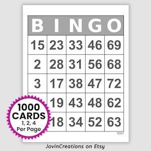 1000 Bingo Cards Pdf Download, Large Print, No Free Space, 1, 2, and 4 Per Page, Instant Printable Fun Party Game