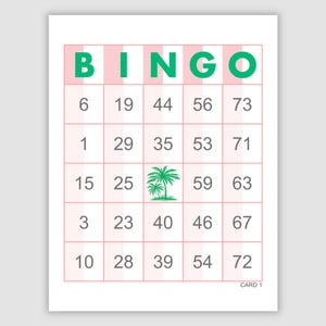 600 Bingo Cards Pdf Download, 1, 2, 4, and 6 Per Page, Instant Printable Fun Party Game, Pink Cabana Striped, Green Palm Trees
