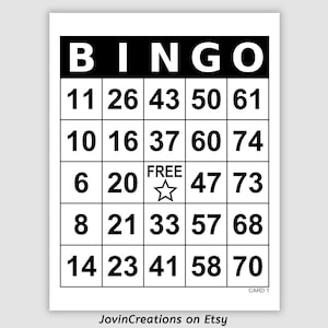 May include: A black and white Bingo card with the word "BINGO" at the top. The card features numbered squares, including a "FREE" space with a star. The text "JovinCreations on Etsy" and "CARD 1" are at the bottom.