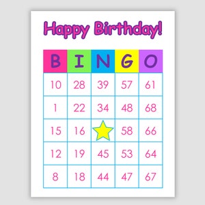 100 Birthday Bingo Cards, Pdf Download, 1 per page, 75 call, Instant Printable Fun Party Game, Pink, Purple