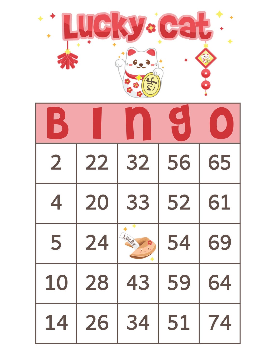 Lucky Cat Bingo Cards 100 Cards 1 per Page 75 Call Instant Etsy