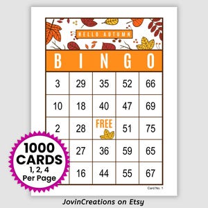 1000 Autumn Bingo Cards Pdf Download, 1, 2, and 4 per page, Instant Printable Fun Party Game, Fall Bingo