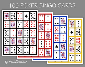 100 Poker Bingo Cards Set 1, 4 Colors, Pdf Download, Instant Printable Fun Party Game