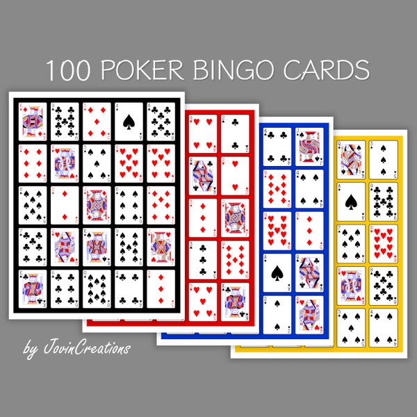 100 Poker Bingo Cards Set 1, 4 Colors, Pdf Download, Instant Printable Fun Party Game