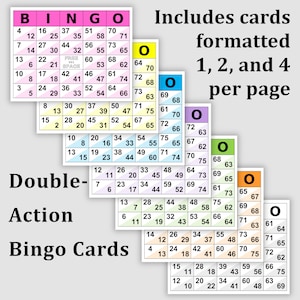 1400 Double Bingo Cards Pdf Download, 1, 2, and 4 Per Page, Instant Printable Fun Bingo Game,  200 Of Each Color, Double Action Bingo Cards