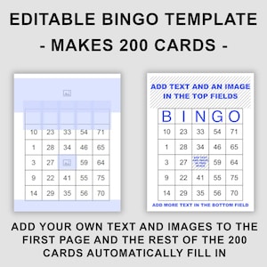 Editable Bingo Template, 200 Cards, Allows adding top and free images/text, Make your own custom 75 call bingo cards