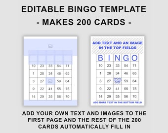 Editable Bingo Template, 200 Cards, Allows adding top and free images/text, Make your own custom 75 call bingo cards