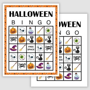 50 Halloween Picture Bingo Cards Pdf Download, 1 and 2 Per Page, Instant Printable Fun Party Game, Print With or Without The Border