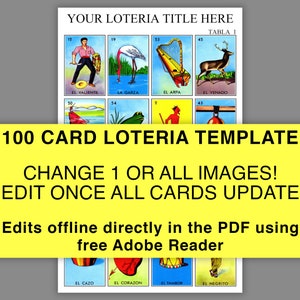 Editable Loteria Template, 100 Cards Automatically Fill, Pre-filled, All Text and 54 Images Edit, Mexican Cards Loteria Mexican Bingo Cards
