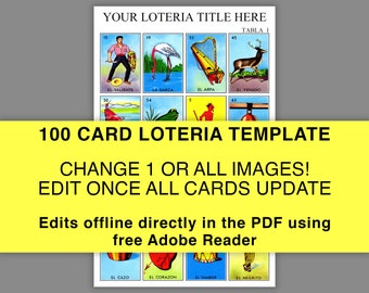 Editable Loteria Template, 100 Cards Automatically Fill, Pre-filled, All Text and 54 Images Edit, DIY Printable Loteria Boards