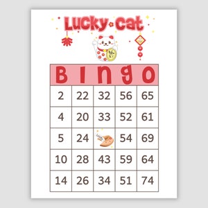 100 Lucky Cat Bingo Cards Pdf Download, 1 per page, 75 call, Instant Printable Fun Party Game, Maneki-neko