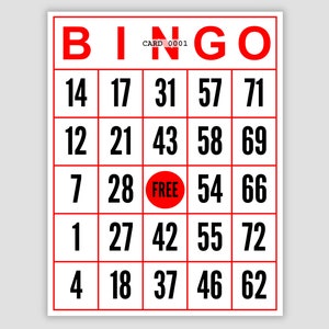 1000 Jumbo Bingo Cards Pdf Download, 1 Per Page, Instant Printable Fun Party Game, Red