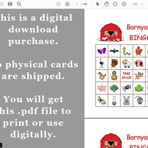May include: Printable Barnyard Bingo game with a red barn illustration. The bingo card features images of farm animals, including a cow, pig, sheep, chicken, duck, horse, cat, goat, frog, and more.