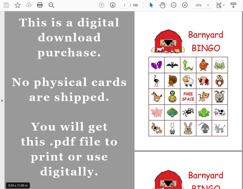 May include: Printable Barnyard Bingo game with a red barn illustration. The bingo card features images of farm animals, including a cow, pig, sheep, chicken, duck, horse, cat, goat, frog, and more.