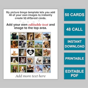Editable Picture Bingo Template, 50 Cards Automatically Fill, 48 Call, Editable Text and Images, Instant Pdf Download, DIY Custom Bingo