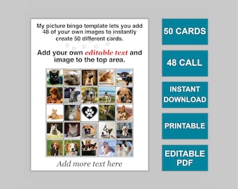 Editable Picture Bingo Template, 50 Cards Automatically Fill, 48 Call, Editable Text and Images, Instant Pdf Download, DIY Custom Bingo