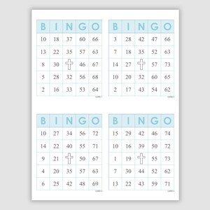 2000 Bingo Cards Pdf Download, 4 Per Page, Instant Printable Fun Party Game, Blue w/Cross