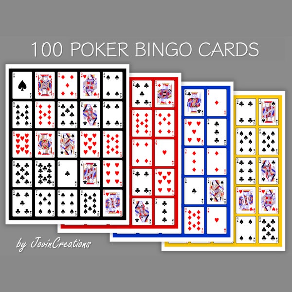 100 Poker Bingo Cards Set 3, 4 Colors, Pdf Download, Instant Printable Fun Party Game