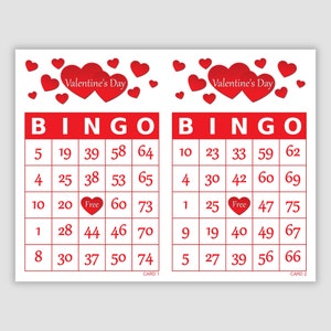 500 Valentine’s Day Bingo Cards Pdf Download, 1, 2, and 4 Per Page, Instant Printable Fun Party Game, Red Hearts