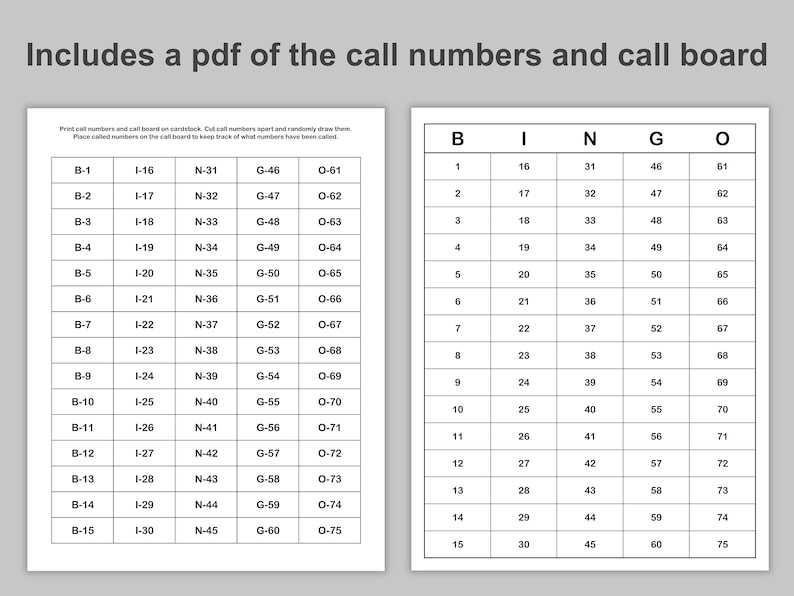 75 call bingo call numbers and call board
