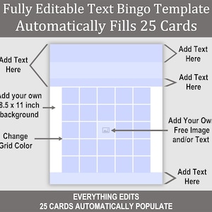 25 Card Editable Text Bingo Template, Everything Edits, Auto-Fills 25 Cards with 36 Calls, Make Human, Social, Learning, Music Bingo Games