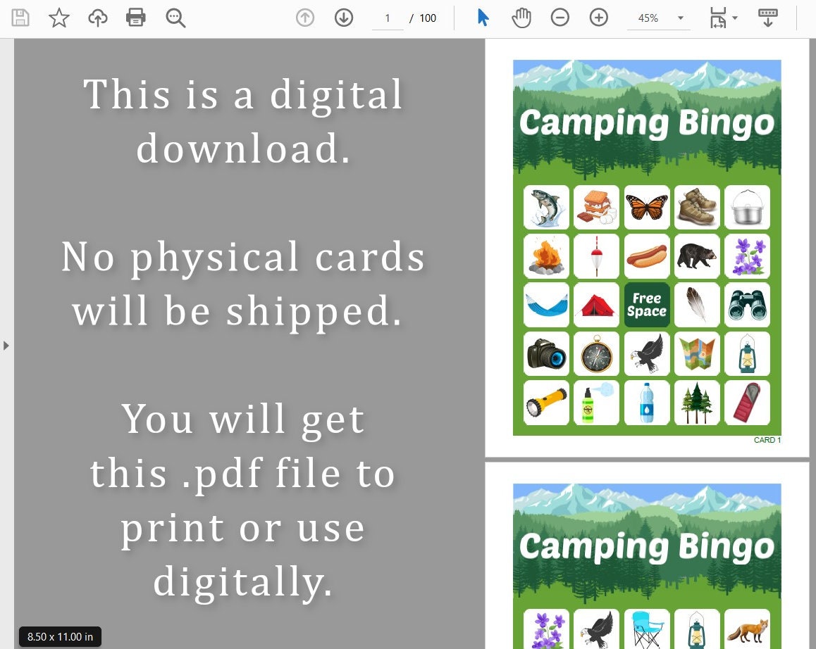 100 Camping Bingo Cards PDF Download, 1 and 2 per Page, Instant ...