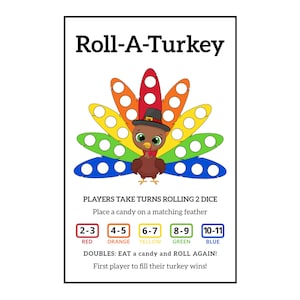 Roll A Turkey Dice Game Pdf Download, 1 and 2 Per Page, Instant Printable Fun Thanksgiving Kids Table Game
