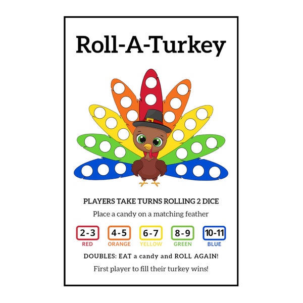 Roll A Turkey Dice Game Pdf Download, 1 and 2 Per Page, Instant Printable Fun Thanksgiving Kids Table Game