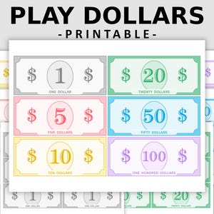 May include: Printable play money in denominations of $1, $5, $10, $20, $50, and $100. The bills are in various pastel colors with a simple design.
