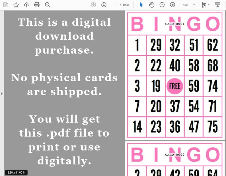 1000 Jumbo Bingo Cards Pdf Download 1 per Page Instant Etsy