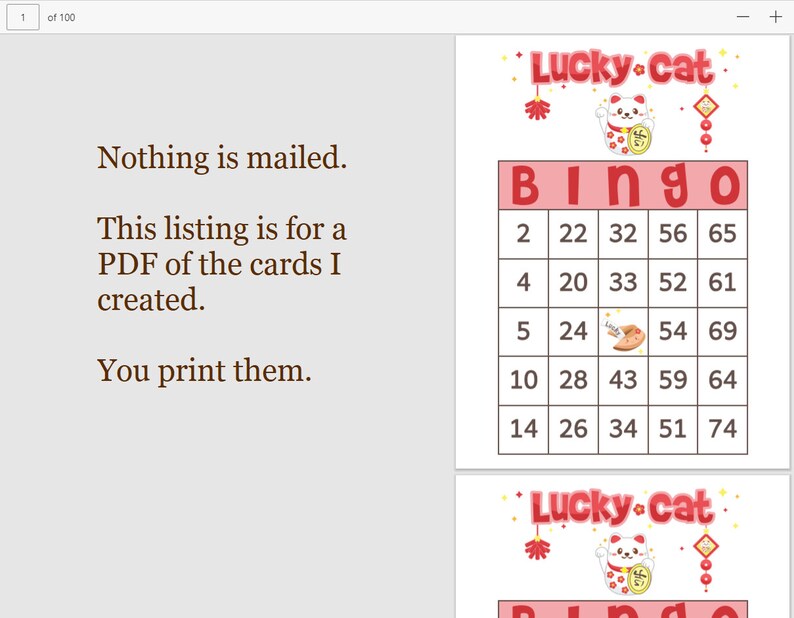 Lucky Cat Bingo Cards 100 Cards 1 per Page 75 Call Instant Etsy